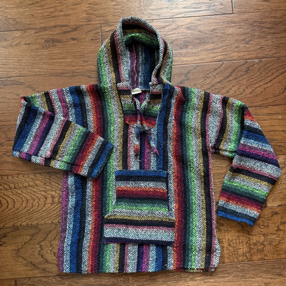VEL‑MEX Baja Hoodie M Multicolor Woven Striped Pullover Made in Mexico